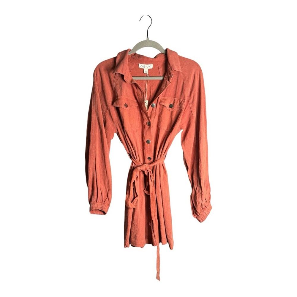 She + Sky Rust Color Long Sleeve Shirt Dress Button Front & Belt Large